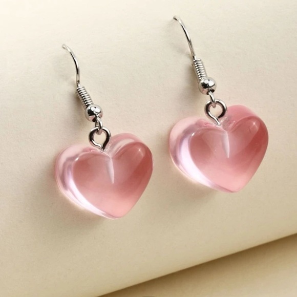 Transparent pink heart earrings handmade new - Picture 1 of 4